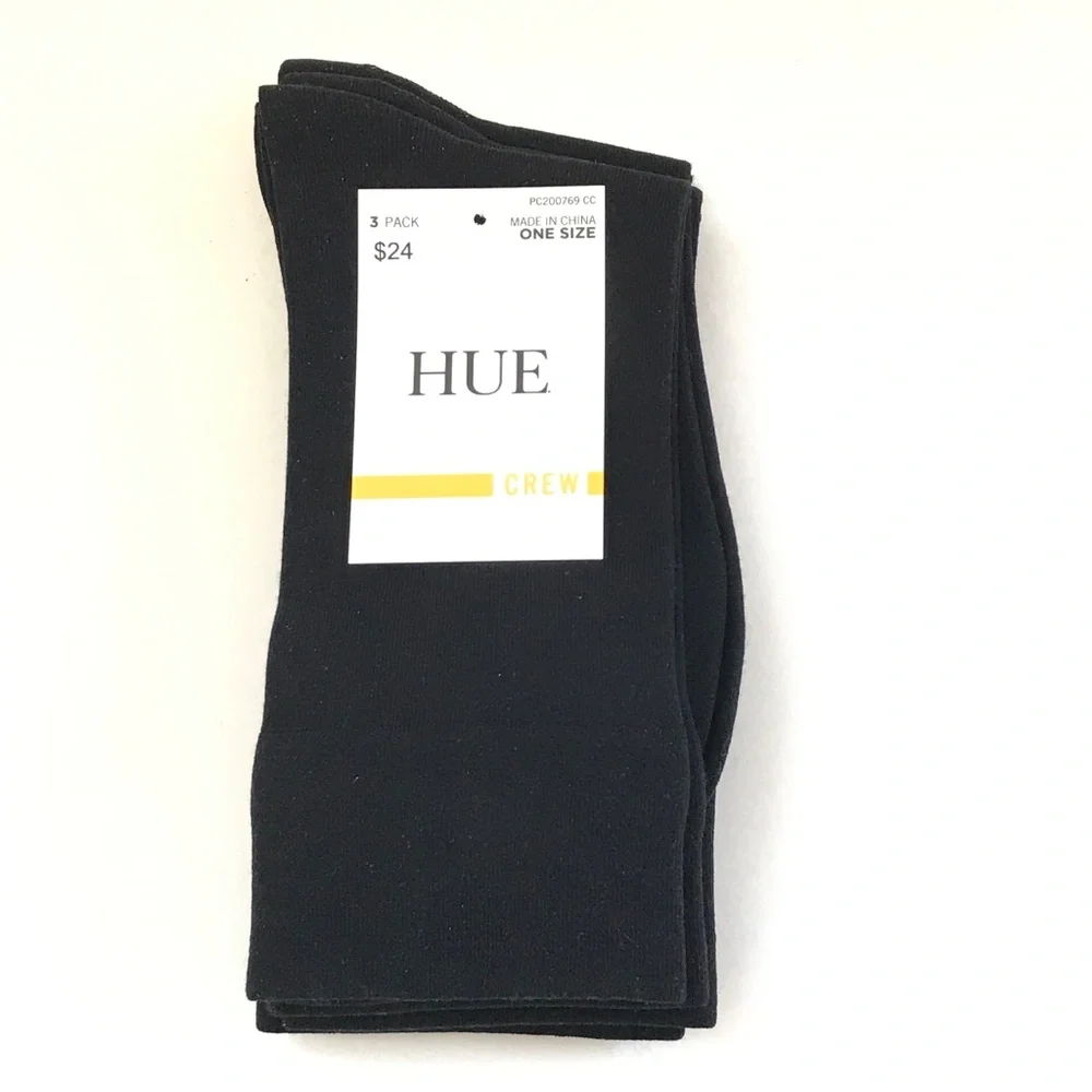 HUE Women's Crew Socks 3-Pk Black NWT